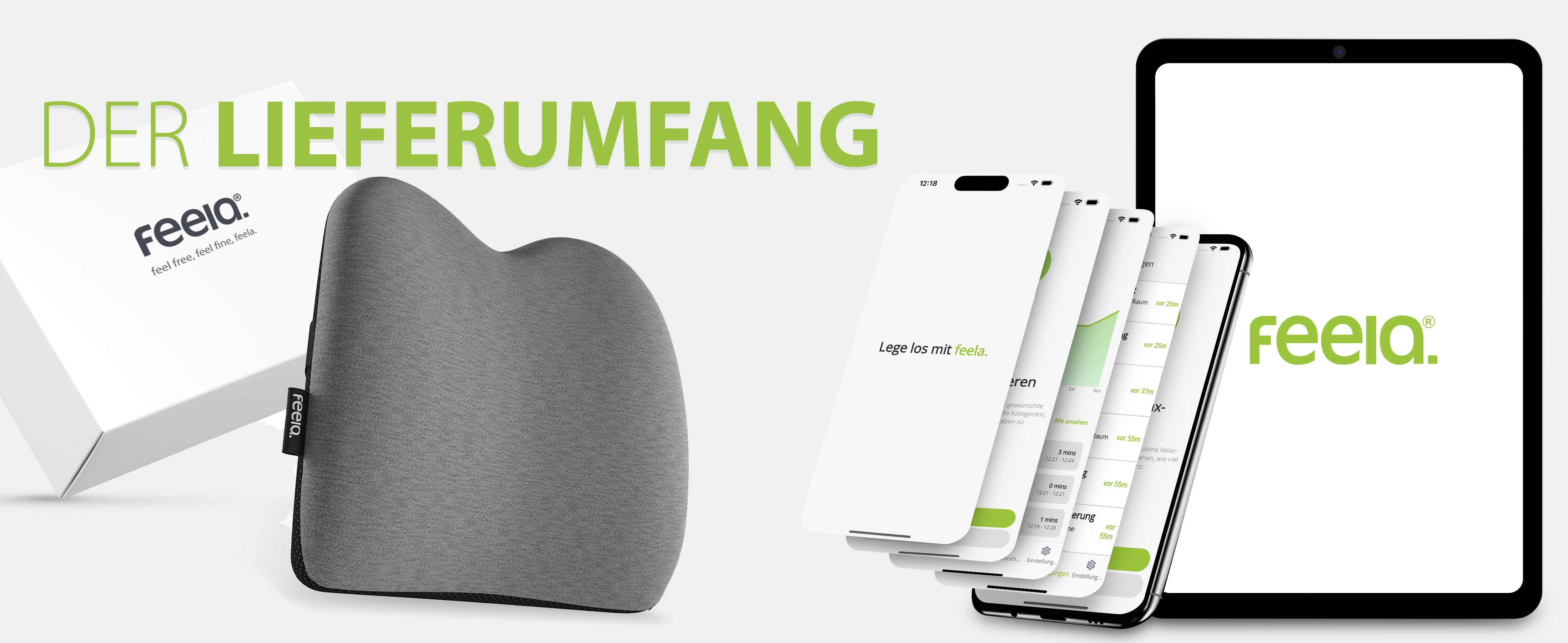 Auto-Rückenkissen von feela, das ergonomisches Design für Komfort während der Fahrt bietet, abgebildet neben der Produktverpackung und der Smartphone-App auf mehreren Geräten.