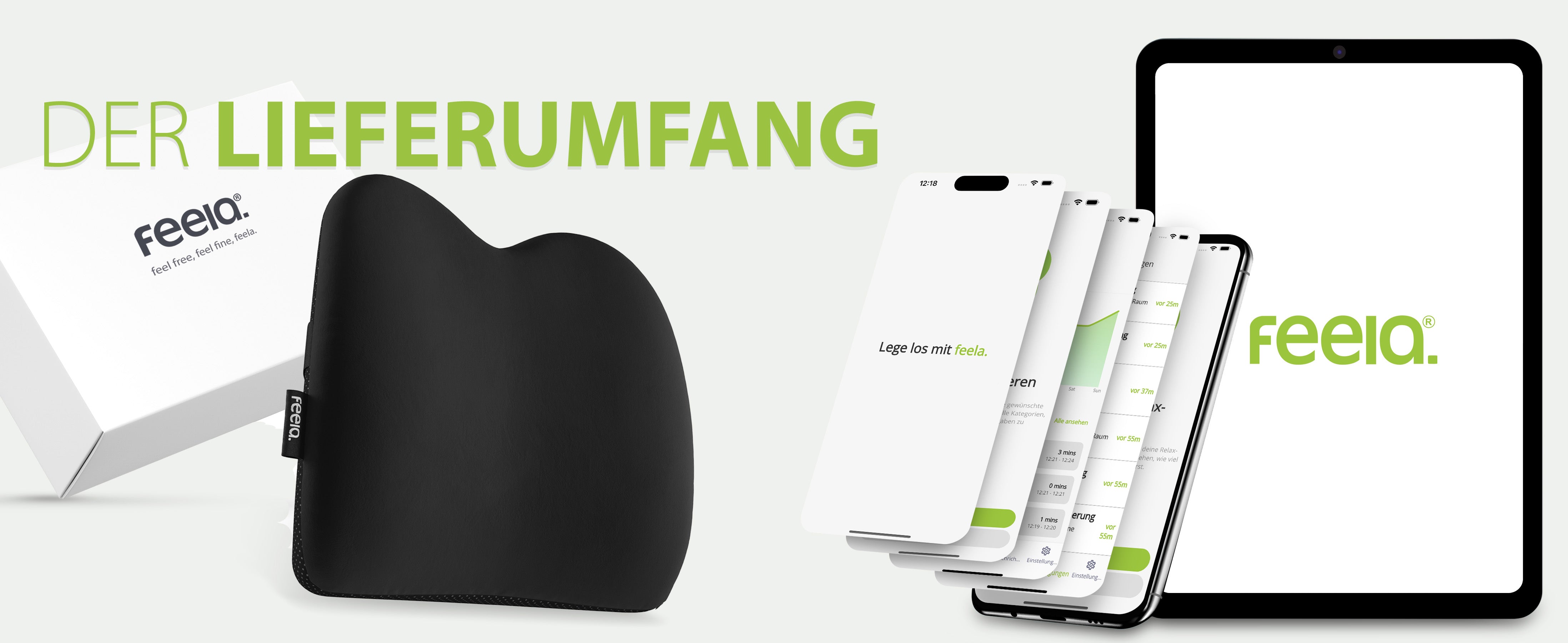 Auto-Rückenkissen von feela, das ergonomisches Design für Komfort während der Fahrt bietet, abgebildet neben der Produktverpackung und der Smartphone-App auf mehreren Geräten.