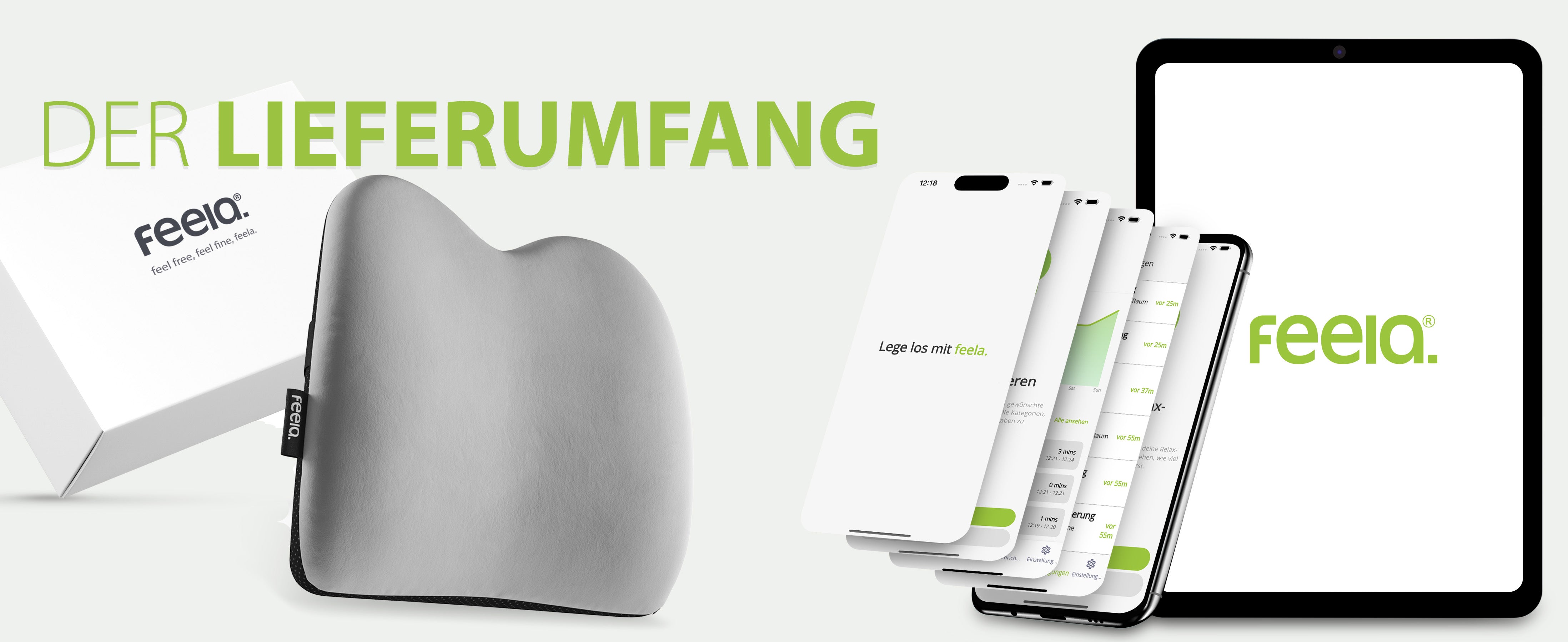 Auto-Rückenkissen von feela, das ergonomisches Design für Komfort während der Fahrt bietet, abgebildet neben der Produktverpackung und der Smartphone-App auf mehreren Geräten.