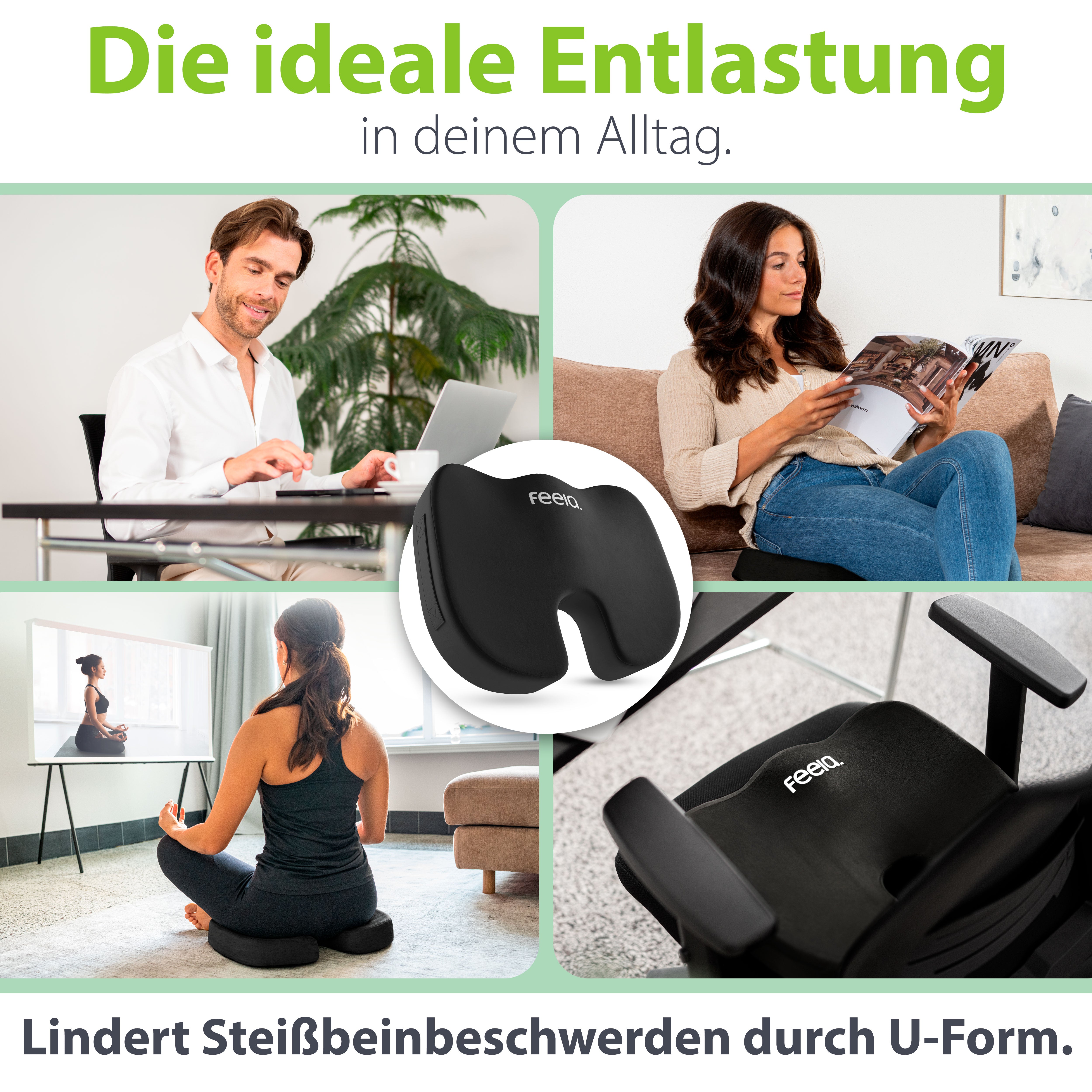 Orthopädisches Sitzkissen von feela - Die ideale Entlastung für Ihren Rücken (Schwarz)