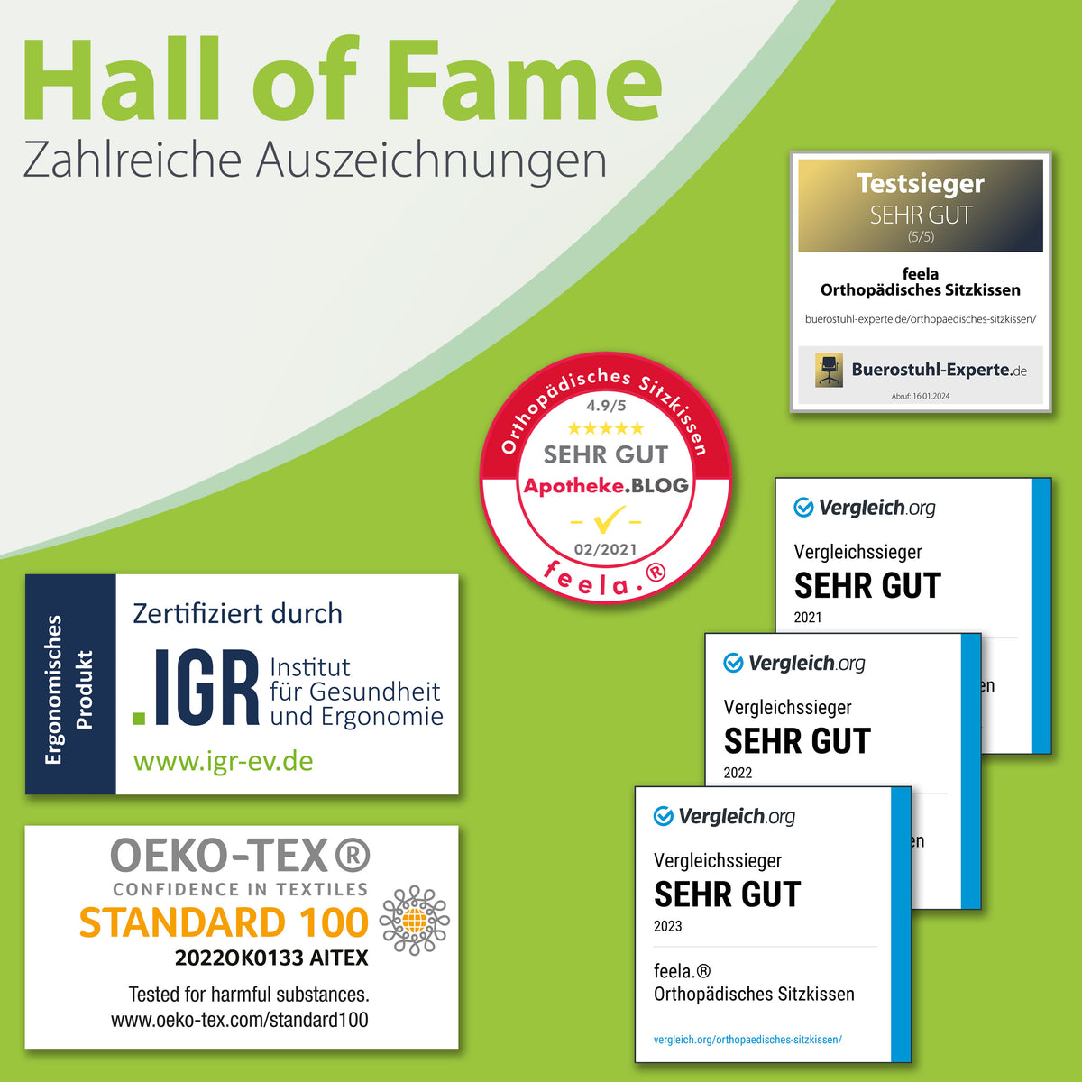Orthopädisches Sitzkissen von feela hat zahlreiche Auszeichnungen und Zertifikate.
