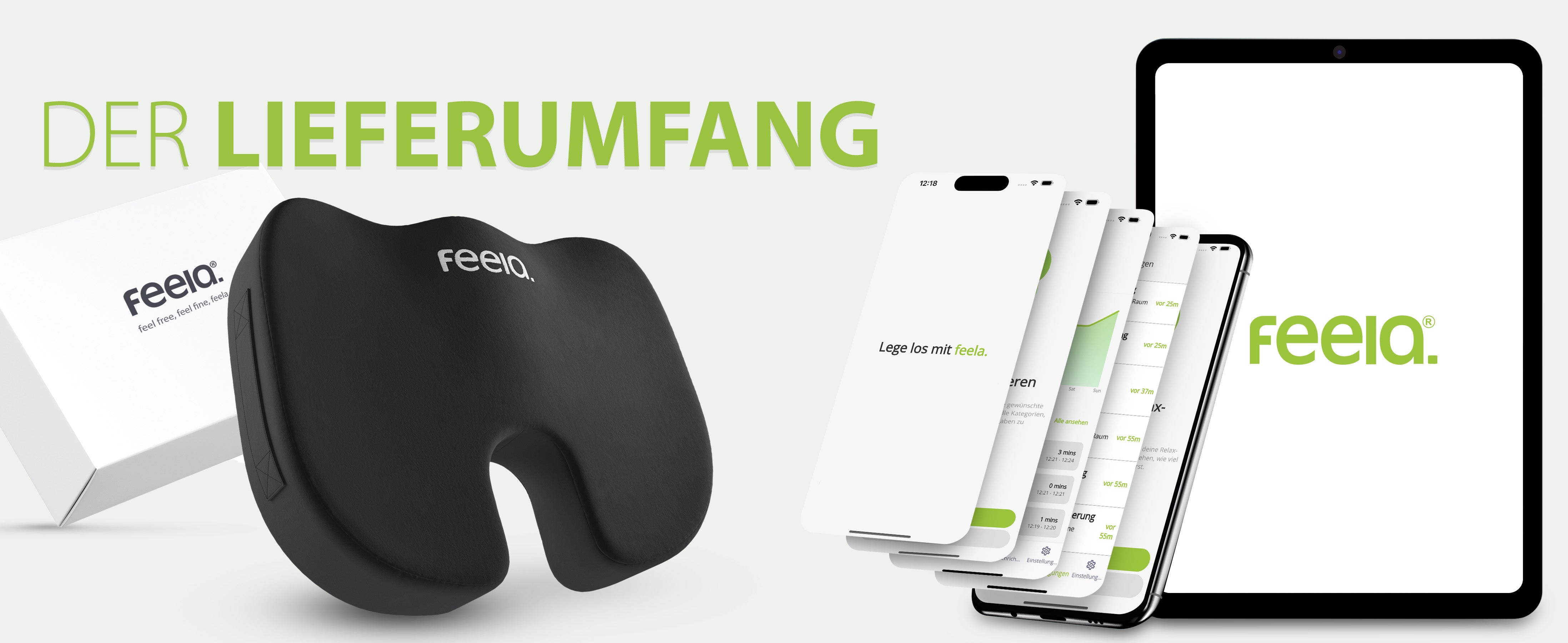 Inhalte des Lieferumfangs für das Auto-Sitzkissen von feela: Das Sitzkissen selbst, die Verpackung und die Darstellung der zugehörigen App auf mehreren mobilen Geräten, was die umfassende Kundenunterstützung illustriert.