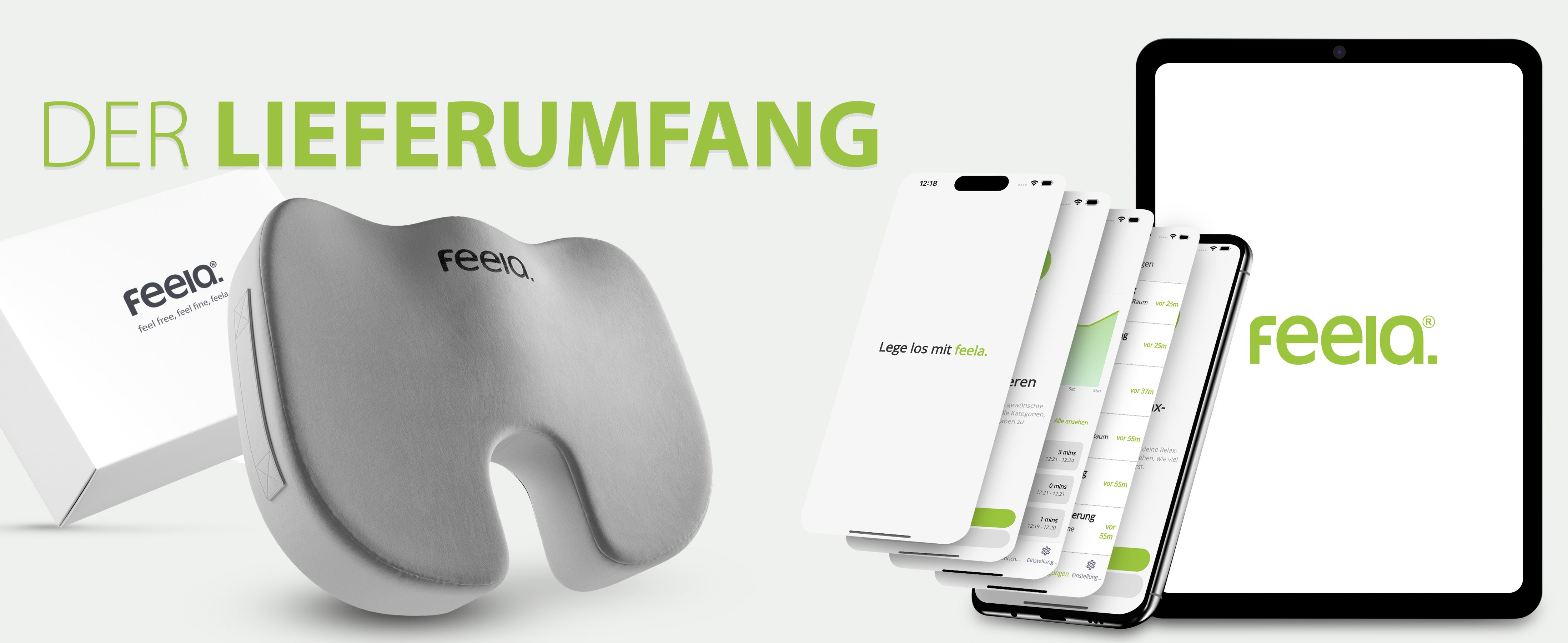 Inhalte des Lieferumfangs für das Auto-Sitzkissen von feela: Das Sitzkissen selbst, die Verpackung und die Darstellung der zugehörigen App auf mehreren mobilen Geräten, was die umfassende Kundenunterstützung illustriert.