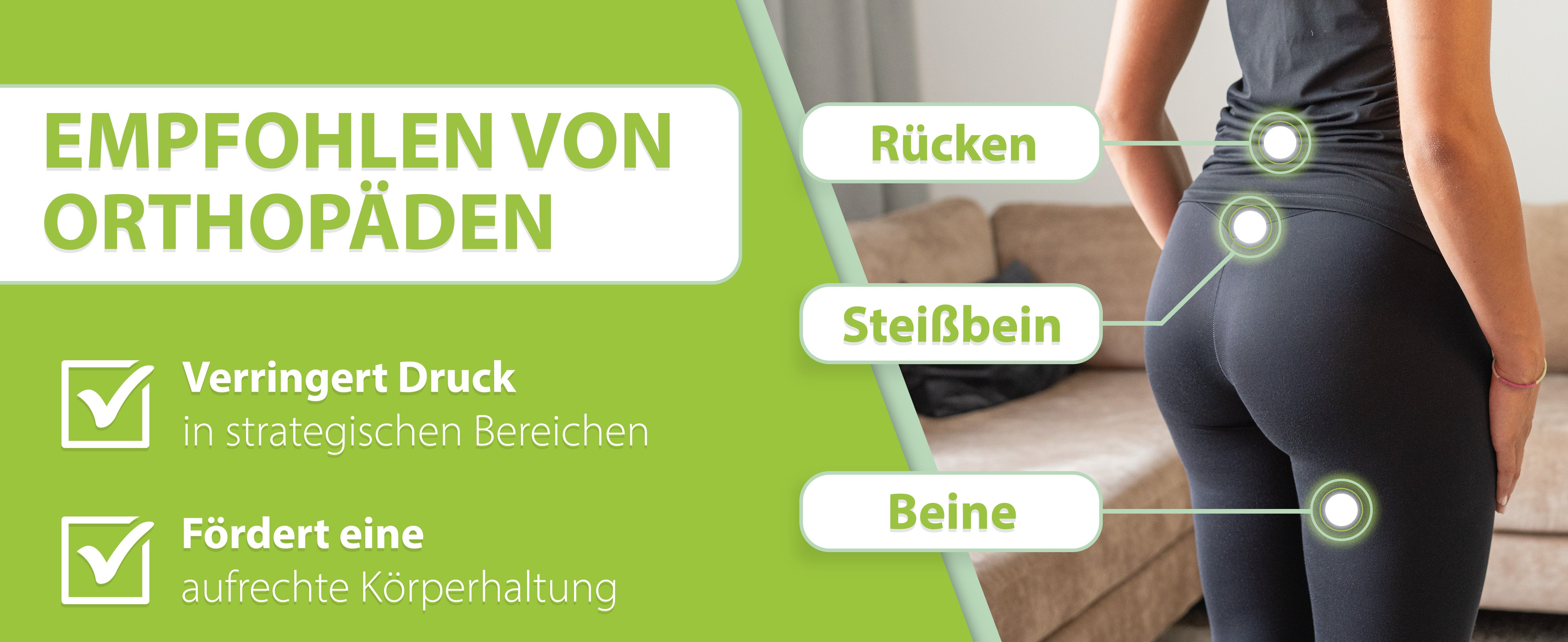 Orthopädisches Auto-Sitzkissen von feela, empfohlen von Orthopäden, das in einer Bildanzeige gezeigt wird, die die Verringerung von Druck in strategischen Bereichen wie Rücken, Steißbein und Beine hervorhebt, sowie eine aufrechte Körperhaltung fördert.