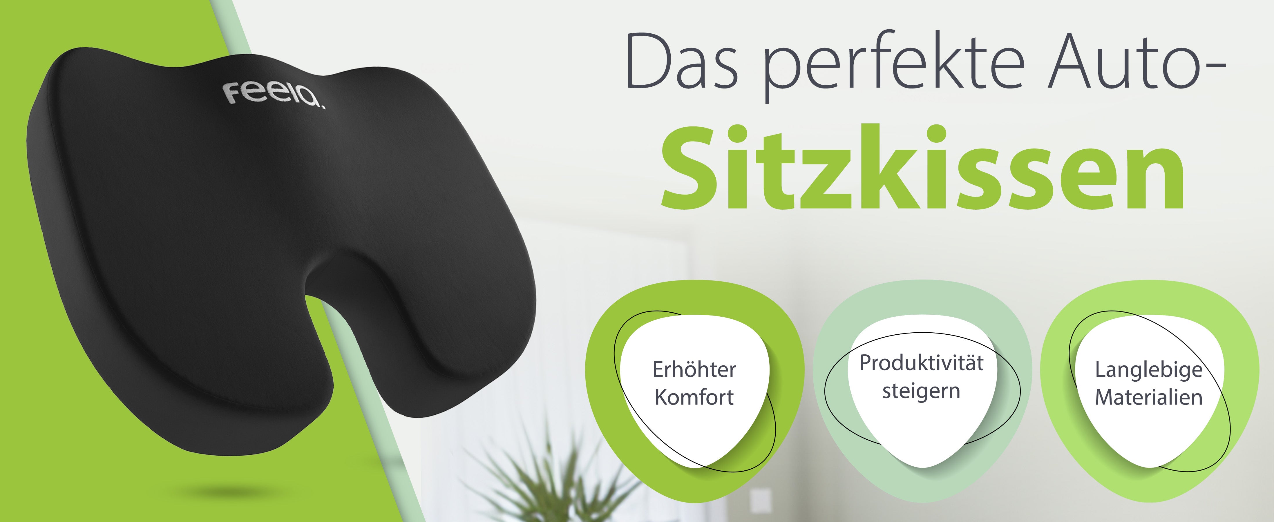 Das perfekte Auto-Sitzkissen von feela, abgebildet in Schwarz, das 'Erhöhten Komfort' bietet, die 'Produktivität steigert' und aus 'Langlebigen Materialien' hergestellt ist, ideal für längere Autofahrten.