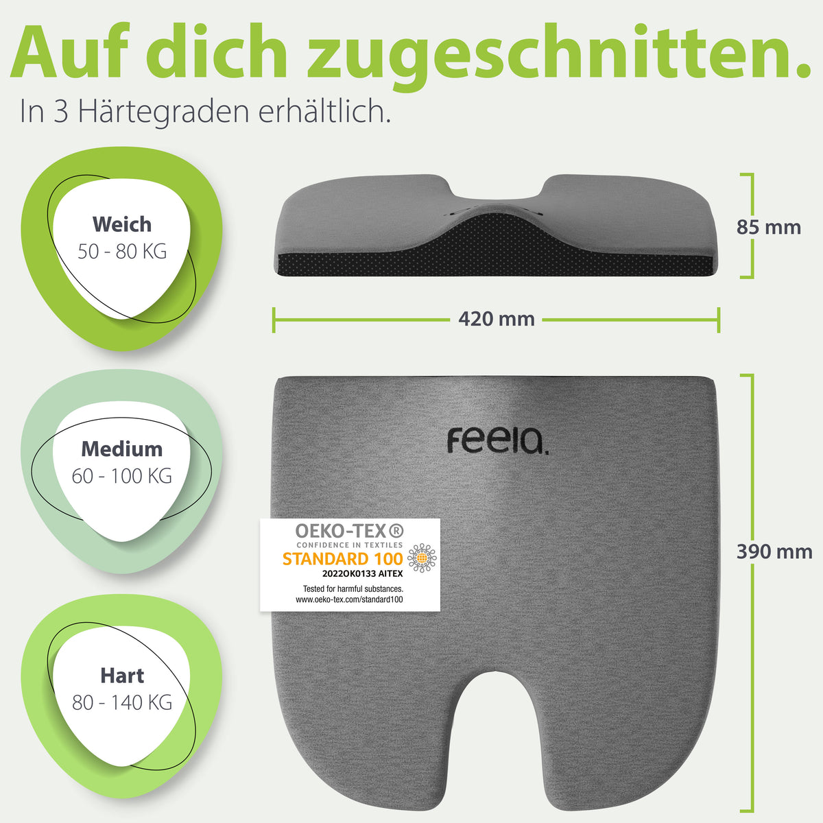 Schwarzes, ergonomisches Sitzkissen von feela, verfügbar in drei Härtegraden, mit Maßangaben und dem OEKO-TEX® Standard 100 Siegel, konzipiert für individuelle Körpergewichte.