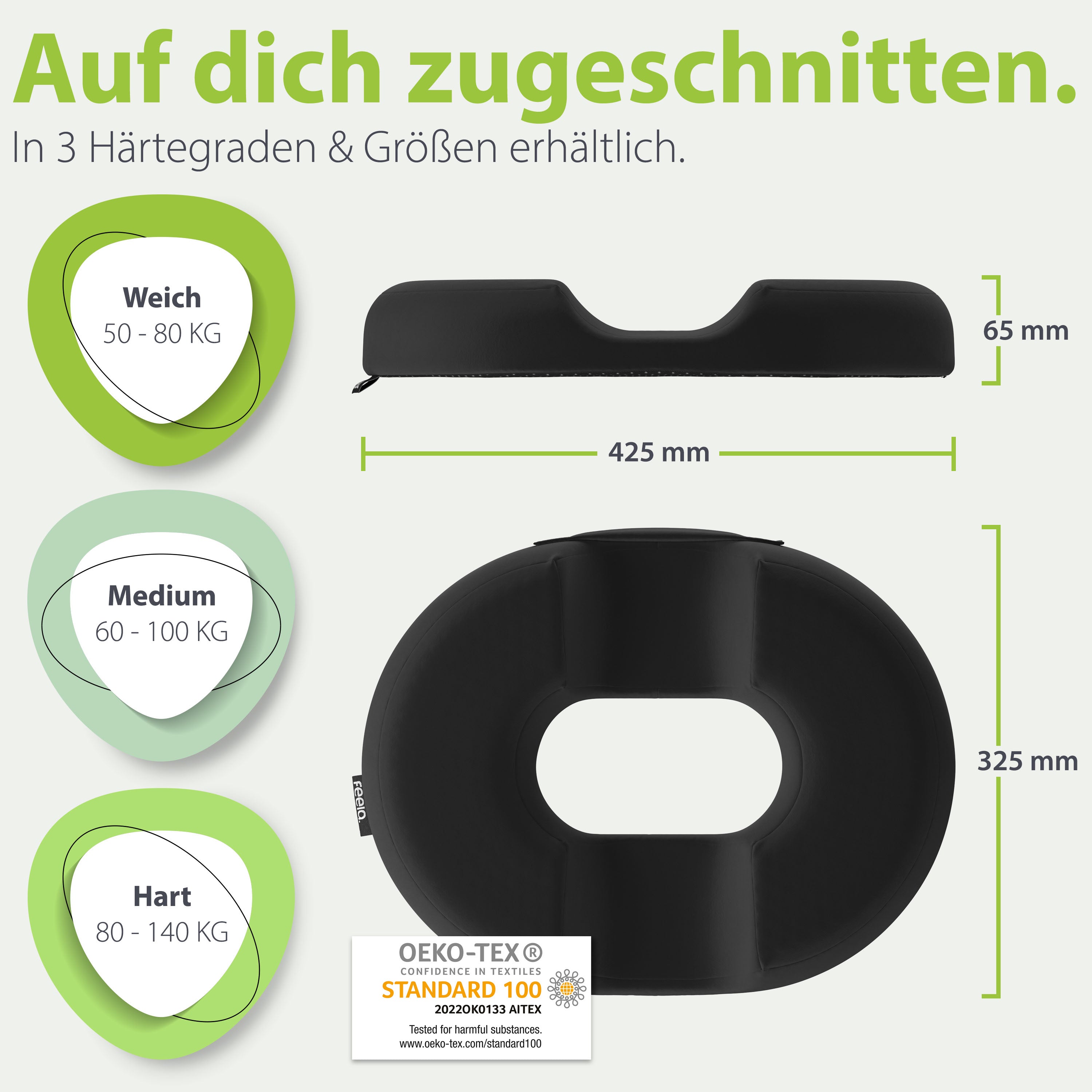 Schwarzes, maßgeschneidertes ergonomisches Ringkissen von feela, angeboten in drei Härtegraden für verschiedene Gewichtsklassen, dargestellt mit Maßen und OEKO-TEX® Zertifizierung.