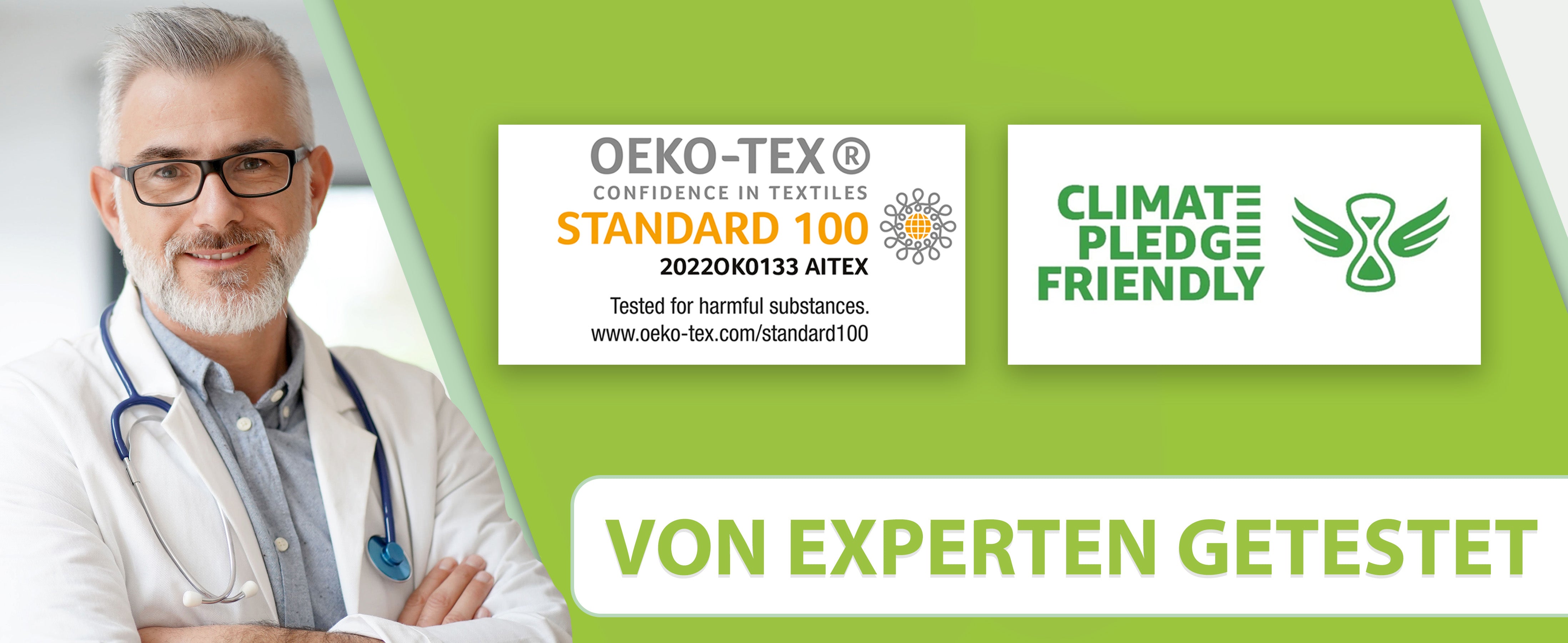 Ein lächelnder Arzt mit verschränkten Armen steht neben den Siegeln 'OEKO-TEX STANDARD 100' und 'CLIMATE PLEDGE FRIENDLY', mit der Aussage 'Von Experten getestet', was die geprüfte Qualität und Umweltfreundlichkeit des orthopädischen Ringkissens betont.