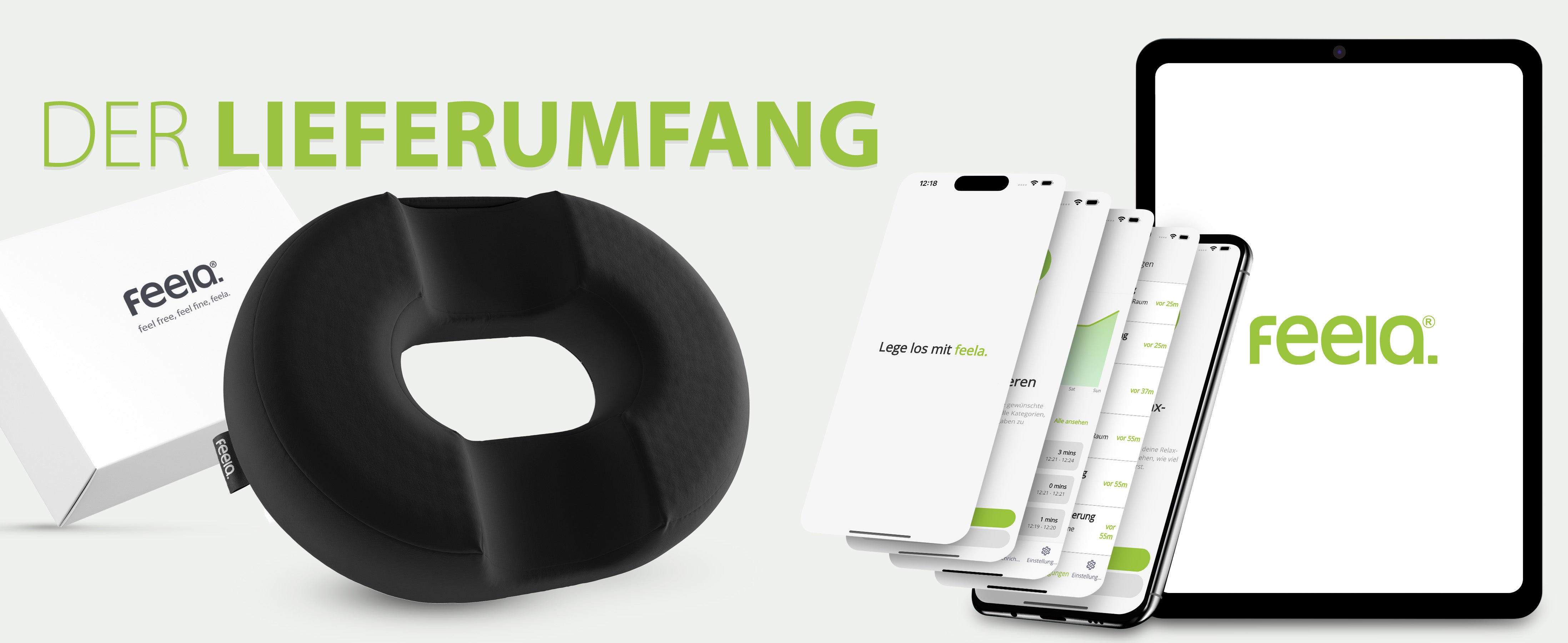 Der Lieferumfang für das orthopädische Ringkissen von feela wird gezeigt, inklusive des schwarzen Ringkissens selbst, der Produktverpackung und der Darstellung der feela App auf verschiedenen mobilen Geräten.