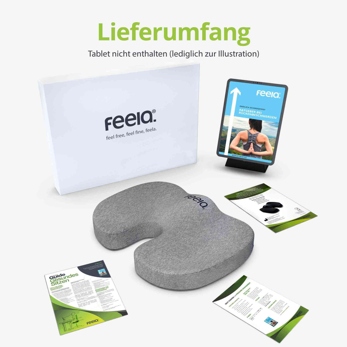 Im Lieferumfang enthalten ist das Sitzkissen selber, eine hochwertige Produktverpackung aus Wellpappe, eine fünfsprachige Gebrauchsanweisung, ein Kundenservice-Flyer und ein Guide zum Sitzen.