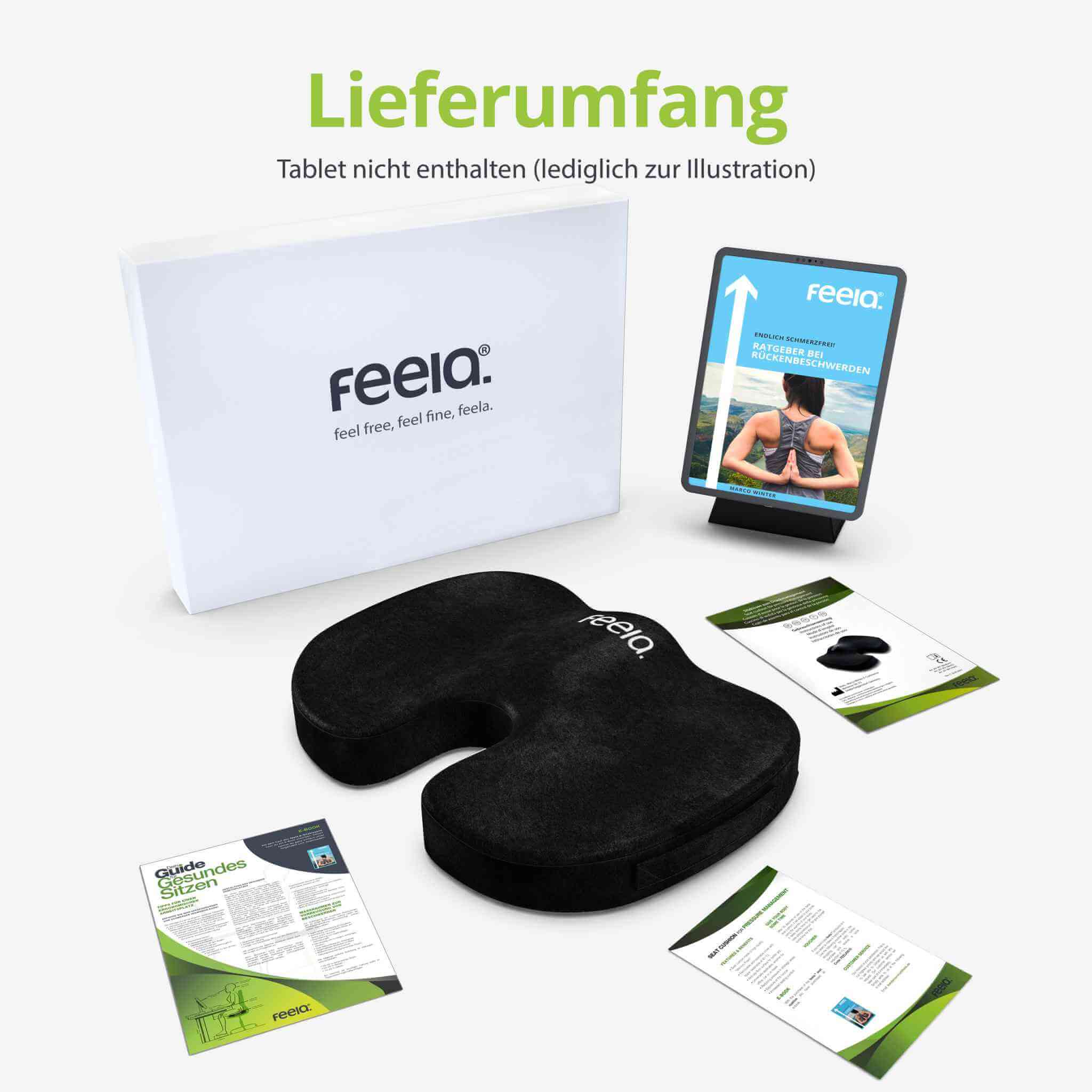Lieferumfang orthopädisches Sitzkissen: feela-Sitzkissen, hochwertige Produktverpackung aus Wellpappe, fünfsprachige Gebrauchsanweisung, Kundenservice-Flyer und ein Guide zum Sitzen.