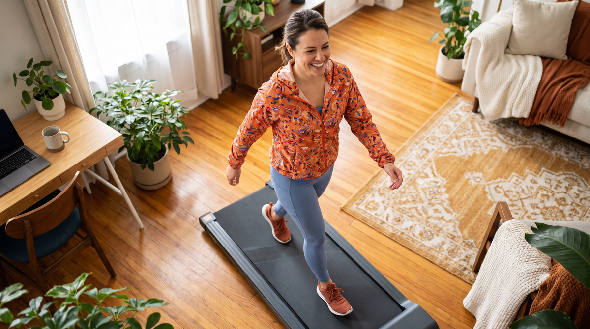 Frau geht gut gelaunt auf einem Walking-Pad im Wohnzimmer