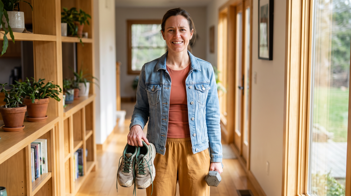 Frau hält Laufschuhe und eine kleine Hantel und überlegt, womit sie anfängt