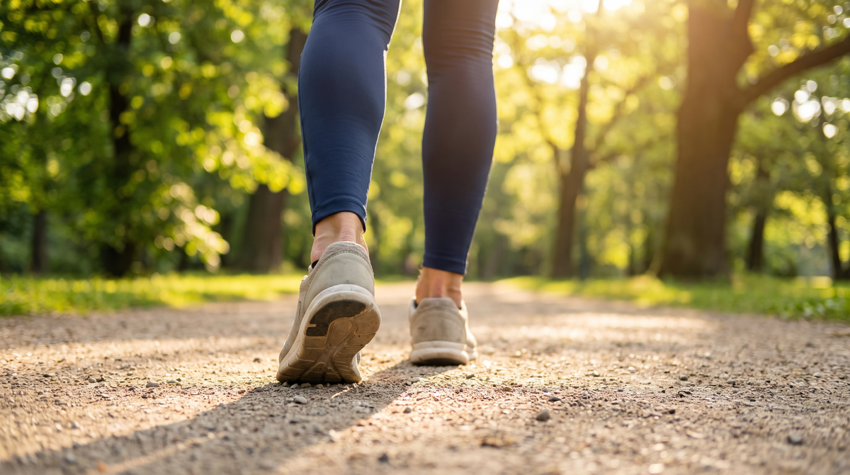Laufschuhe eines Joggers im Park von hinten, die Ferse setzt auf