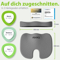 feela. Sitzkissen – Vergleich der 3 Härtegrade (weich, mittel, fest)