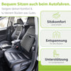 Auto-Innenraum mit einem ergonomischen Rückenkissen von feela auf dem Fahrersitz, illustriert mit Vorteilen wie erhöhtem Sitzkomfort, Entspannung für den Rücken und Lendenbereich-Unterstützung. (Dunkelgrau)