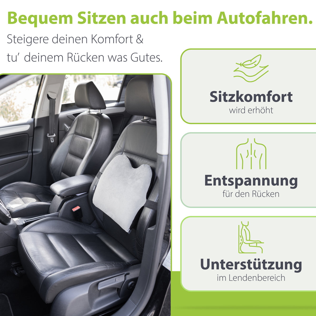 Auto-Innenraum mit einem ergonomischen Rückenkissen von feela auf dem Fahrersitz, illustriert mit Vorteilen wie erhöhtem Sitzkomfort, Entspannung für den Rücken und Lendenbereich-Unterstützung.