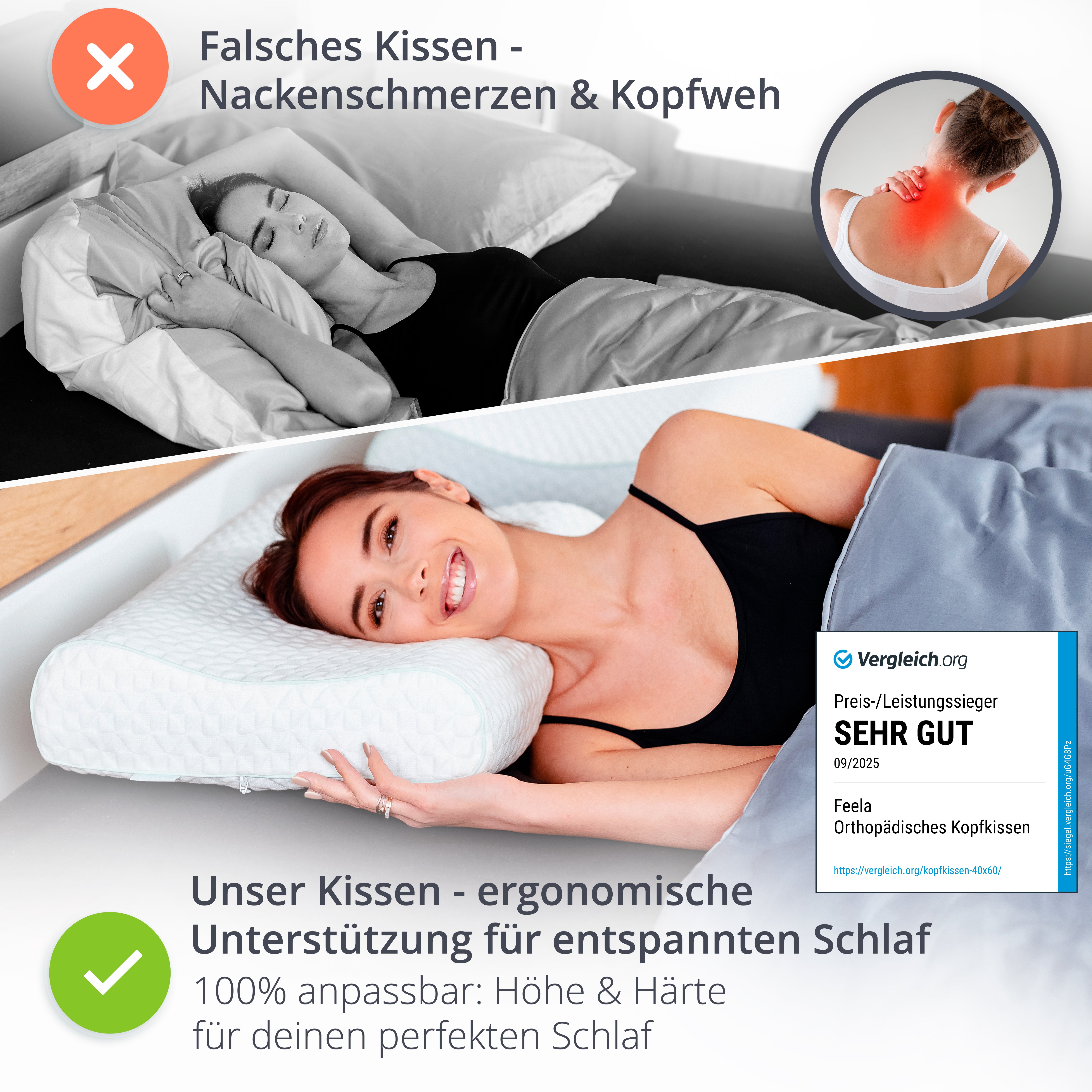 Vergleich: Nackenschmerzen vs. entspannter Schlaf mit dem ergonomisch anpassbaren feela. Kopfkissen.