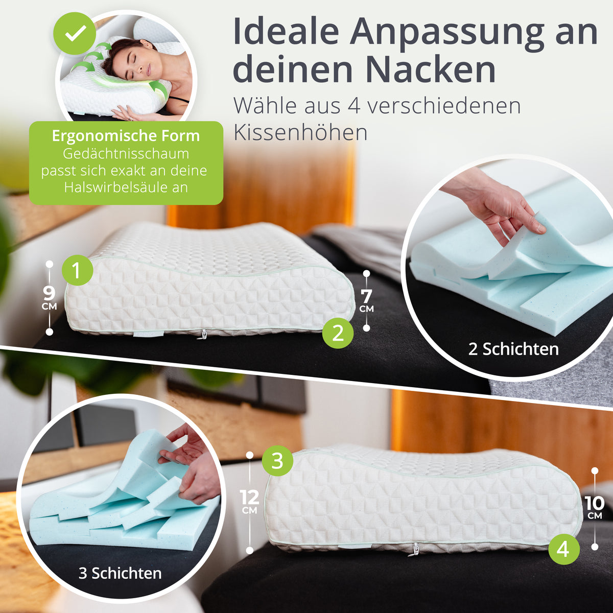 Höhenverstellbares feela. Kopfkissen aus Memory-Schaum: 4 anpassbare Höhen für ideale Nackenstütze.