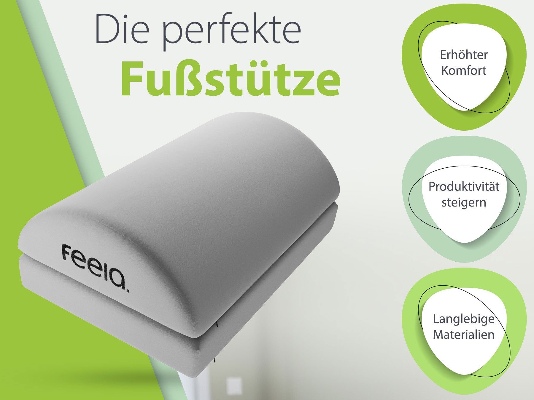 Silberne ergonomische Fußstütze von feela auf hellem Hintergrund, betont Komfort und Produktivitätssteigerung