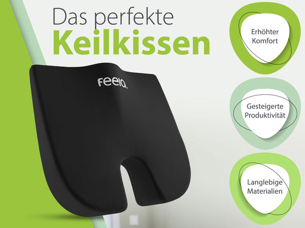 Ergonomisch geformtes Sitzkissen von feela, schwarz, mit Qualitätsmerkmalen: 3 Härtegrade, BASF Memory Foam, OEKO-TEX® zertifiziert und klimafreundlich, mit grünem Preisschild.