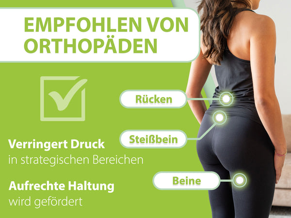 Ergonomisch geformtes Sitzkissen von feela, schwarz, mit Qualitätsmerkmalen: 3 Härtegrade, BASF Memory Foam, OEKO-TEX® zertifiziert und klimafreundlich, mit grünem Preisschild.