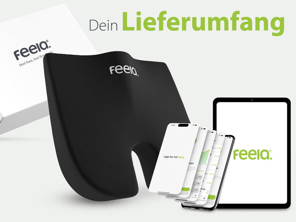 Ergonomisch geformtes Sitzkissen von feela, schwarz, mit Qualitätsmerkmalen: 3 Härtegrade, BASF Memory Foam, OEKO-TEX® zertifiziert und klimafreundlich, mit grünem Preisschild.