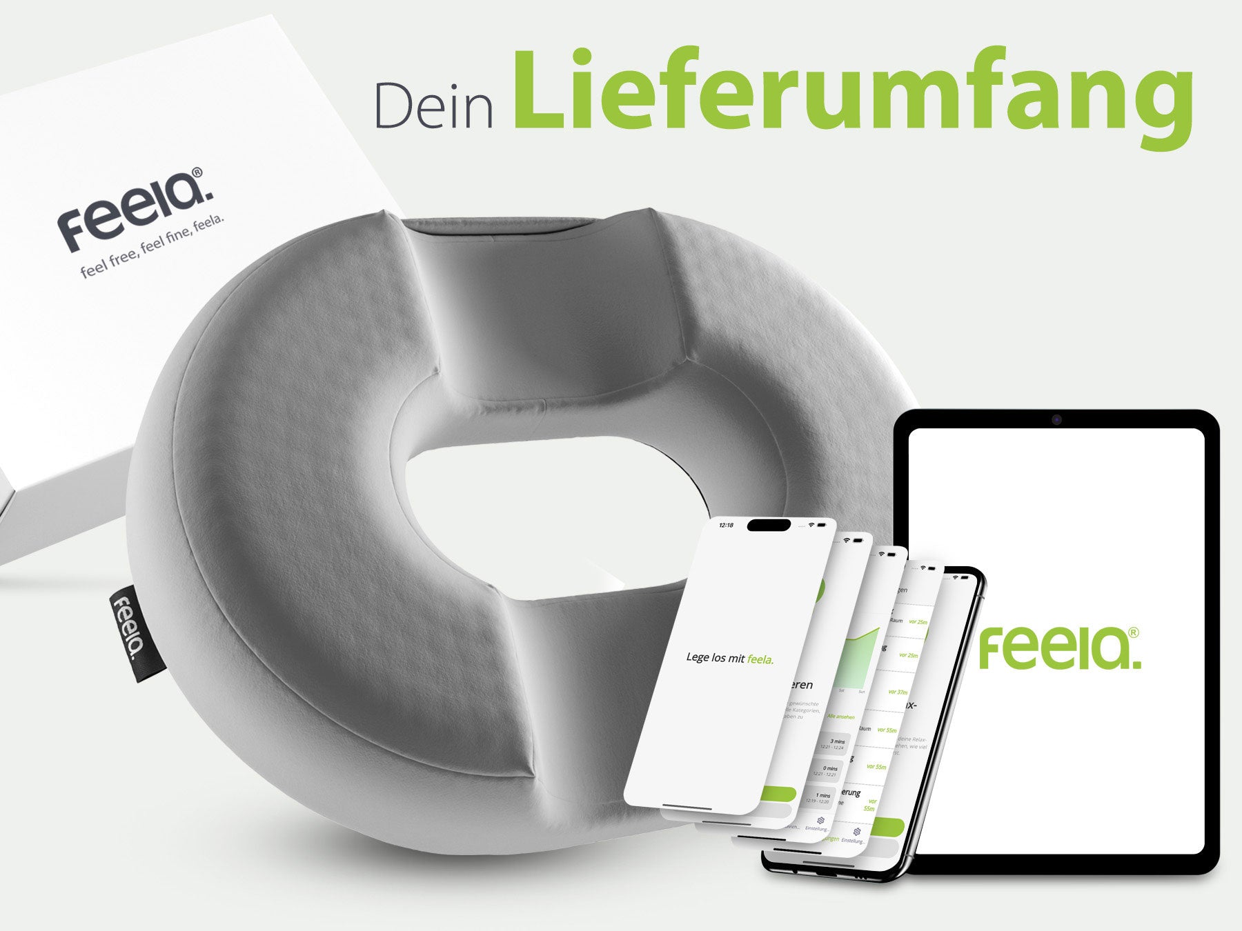 Komplettset des silbernen orthopädischen Stützrings gezeigt mit Verpackung und digitalen Endgeräten, die die Feelia-App anzeigen, betont die einfache Handhabung und Funktionalität.