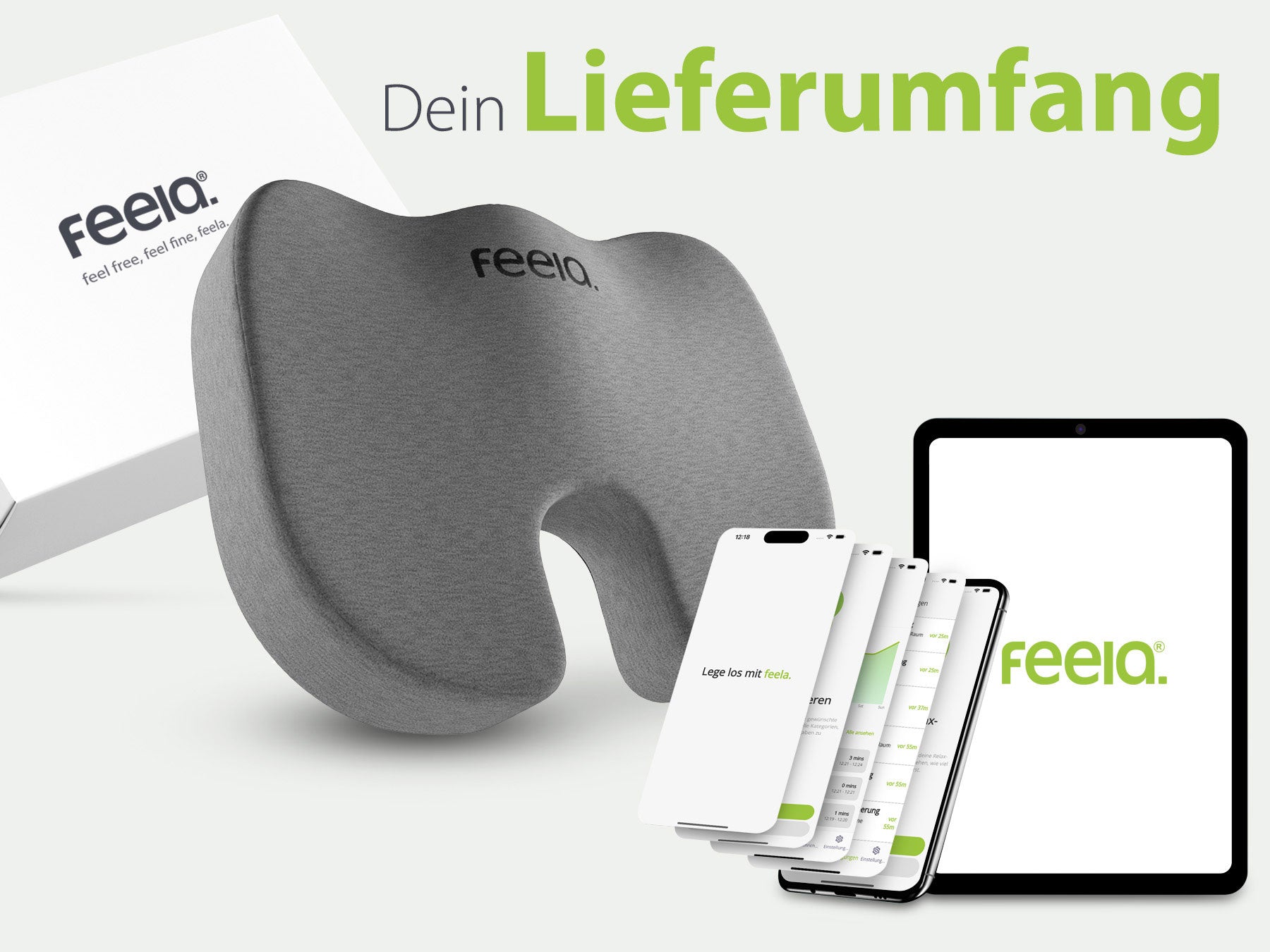 Lieferumfang des feela® orthopädischen Auto-Sitzkissens, bestehend aus einem dunkelgrauen Sitzkissen, einer weißen Produktverpackung und einer digitalen Anwendung auf einem Smartphone und Tablet, alles angeordnet auf einem weißen Hintergrund mit dem Text 'Dein Lieferumfang'.