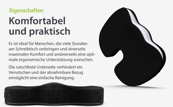 Orthopädisches Sitzkissen von feela in der Farbe Schwarz zur Entlastung von Steißbein, Hüfte und Steigerung des Sitz-Komforts.