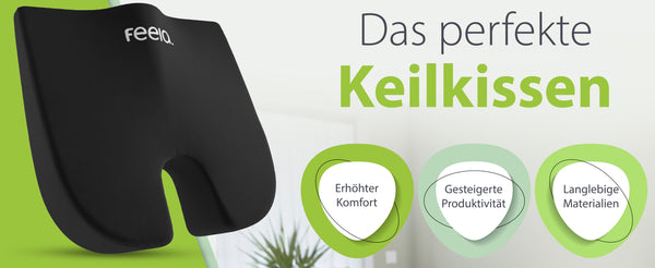 Ergonomisch geformtes Sitzkissen von feela, schwarz, mit Qualitätsmerkmalen: 3 Härtegrade, BASF Memory Foam, OEKO-TEX® zertifiziert und klimafreundlich, mit grünem Preisschild.