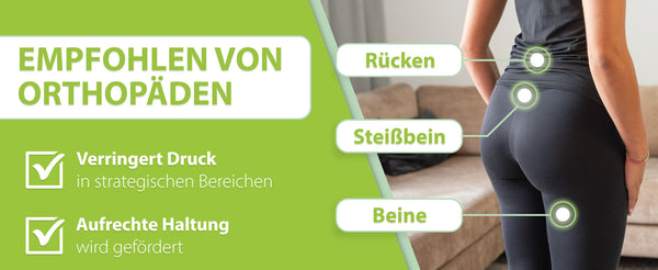 Ergonomisch geformtes Sitzkissen von feela, schwarz, mit Qualitätsmerkmalen: 3 Härtegrade, BASF Memory Foam, OEKO-TEX® zertifiziert und klimafreundlich, mit grünem Preisschild.