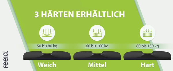 Ergonomisch geformtes Sitzkissen von feela, schwarz, mit Qualitätsmerkmalen: 3 Härtegrade, BASF Memory Foam, OEKO-TEX® zertifiziert und klimafreundlich, mit grünem Preisschild.