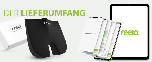 Ergonomisch geformtes Sitzkissen von feela, schwarz, mit Qualitätsmerkmalen: 3 Härtegrade, BASF Memory Foam, OEKO-TEX® zertifiziert und klimafreundlich, mit grünem Preisschild.