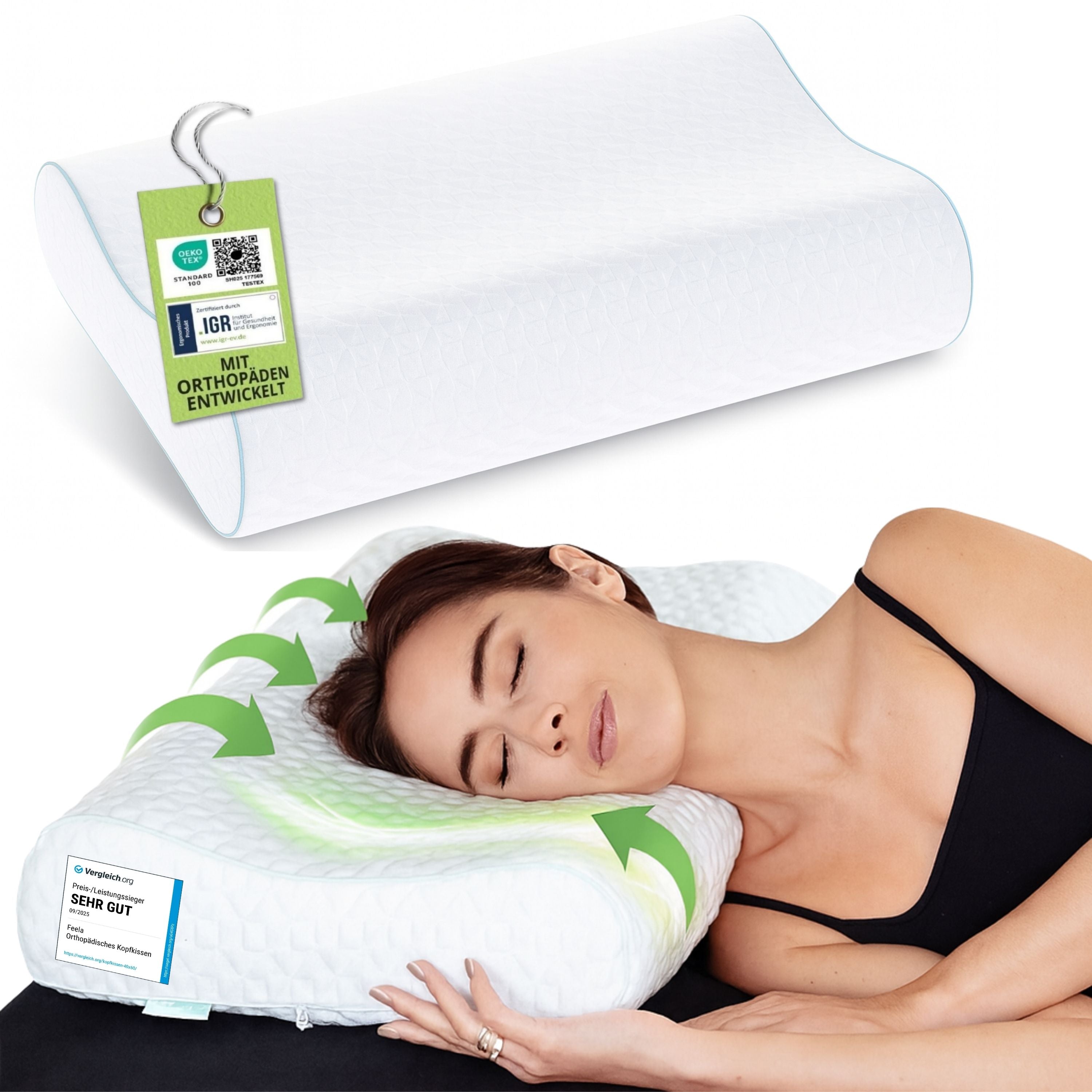 Ergonomisches feela. Kopfkissen 80x40 cm stützt den Nacken einer schlafenden Frau. Orthopädisches Kissen für Seitenschläfer.