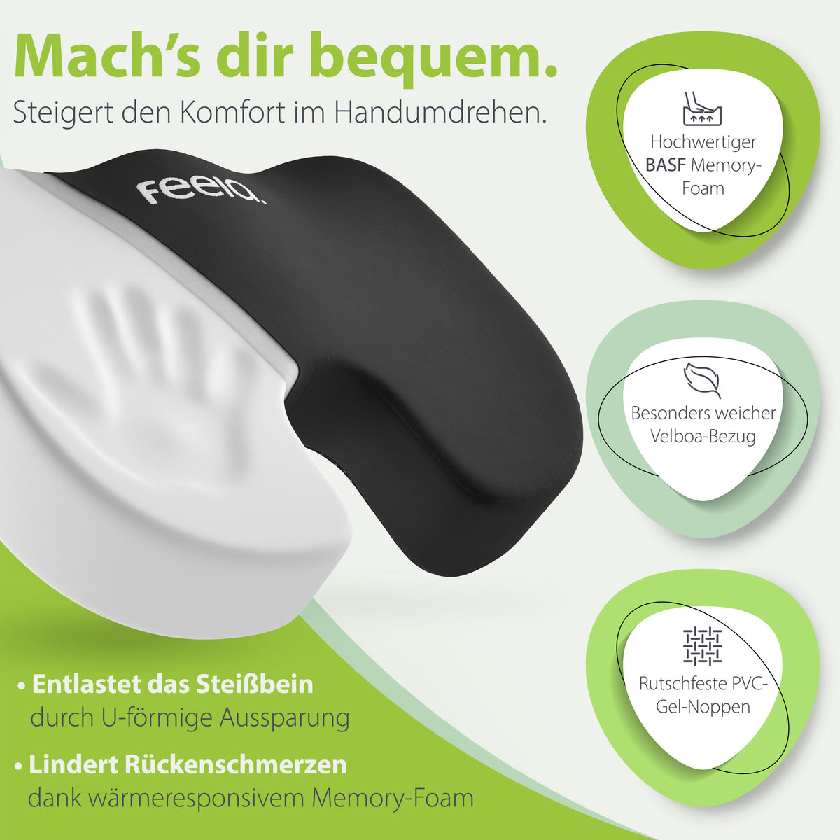 Orthopädisches Sitzkissen der Marke feela. – Entlastet das Steißbein und lindert Rückenschmerzen (Schwarz)
