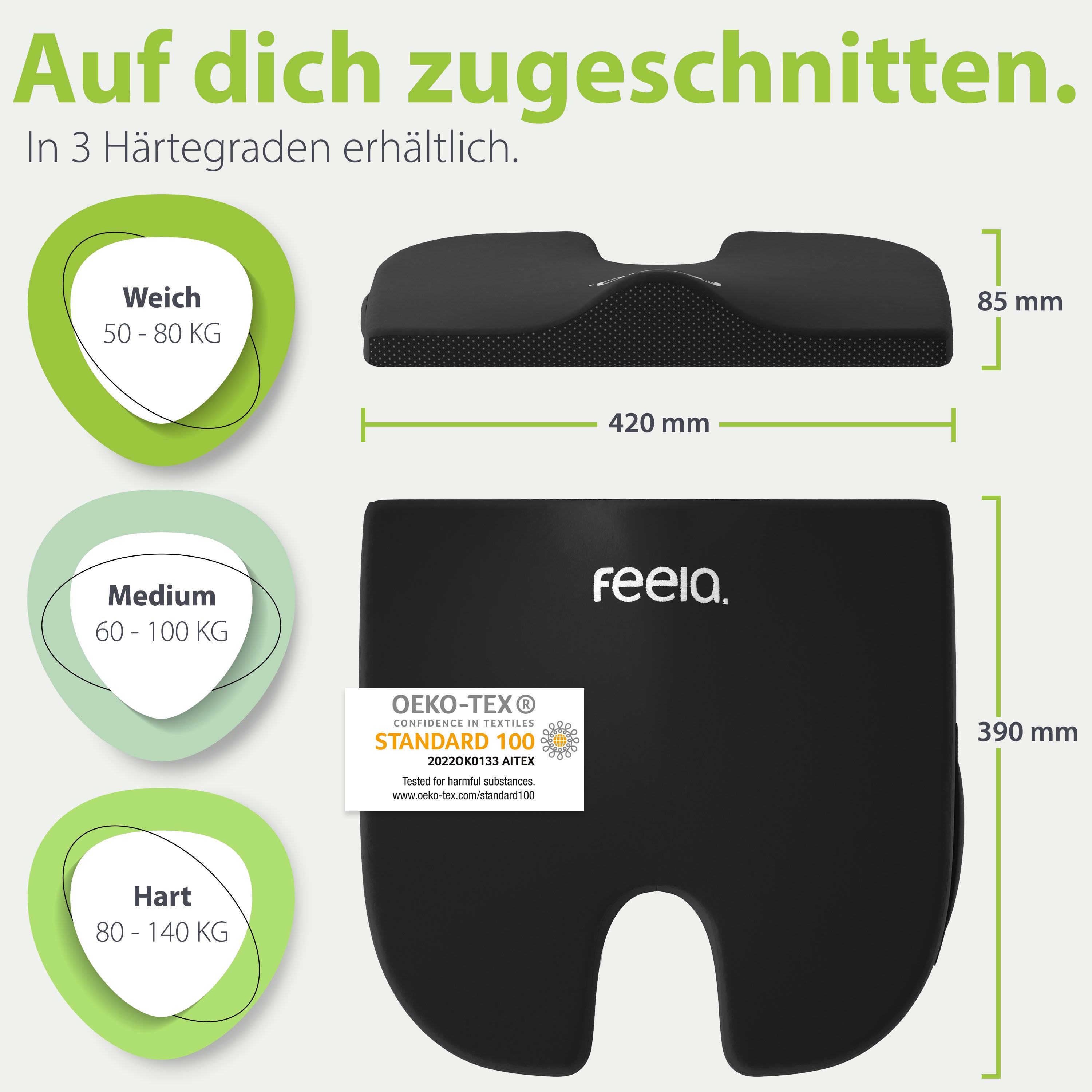 Schwarzes, ergonomisches Sitzkissen von feela, verfügbar in drei Härtegraden, mit Maßangaben und dem OEKO-TEX® Standard 100 Siegel, konzipiert für individuelle Körpergewichte.