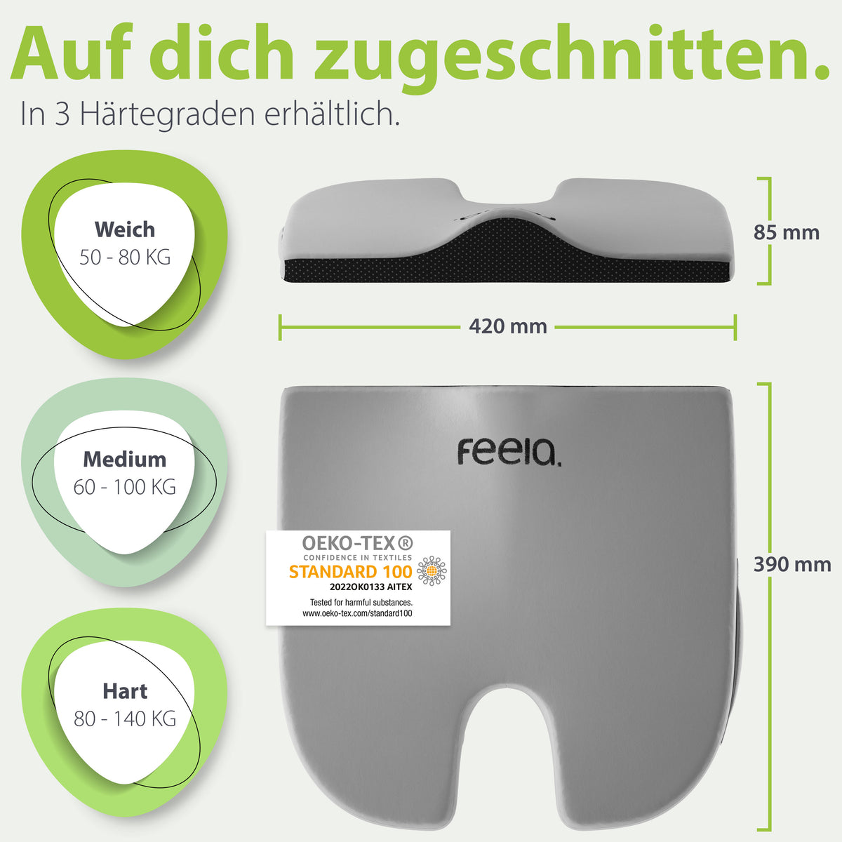 Schwarzes, ergonomisches Sitzkissen von feela, verfügbar in drei Härtegraden, mit Maßangaben und dem OEKO-TEX® Standard 100 Siegel, konzipiert für individuelle Körpergewichte.