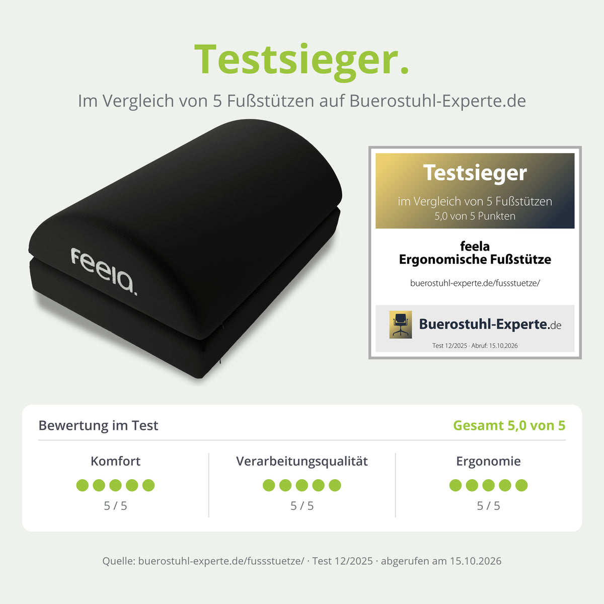 feela. Fußstütze Schwarz – Testsieger im Vergleich von 5 Fußstützen bei Buerostuhl-Experte.de (Test 12/2025, 5,0 von 5 Punkten)