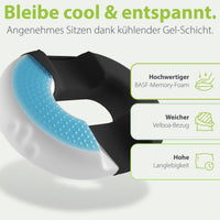 Ergonomisches Ringkissen mit kühlender Gel-Schicht, hochwertigem BASF-Memory-Foam, weichem Velboa-Bezug und der Garantie für Langlebigkeit, präsentiert mit dem Slogan 'Bleibe cool & entspannt.'