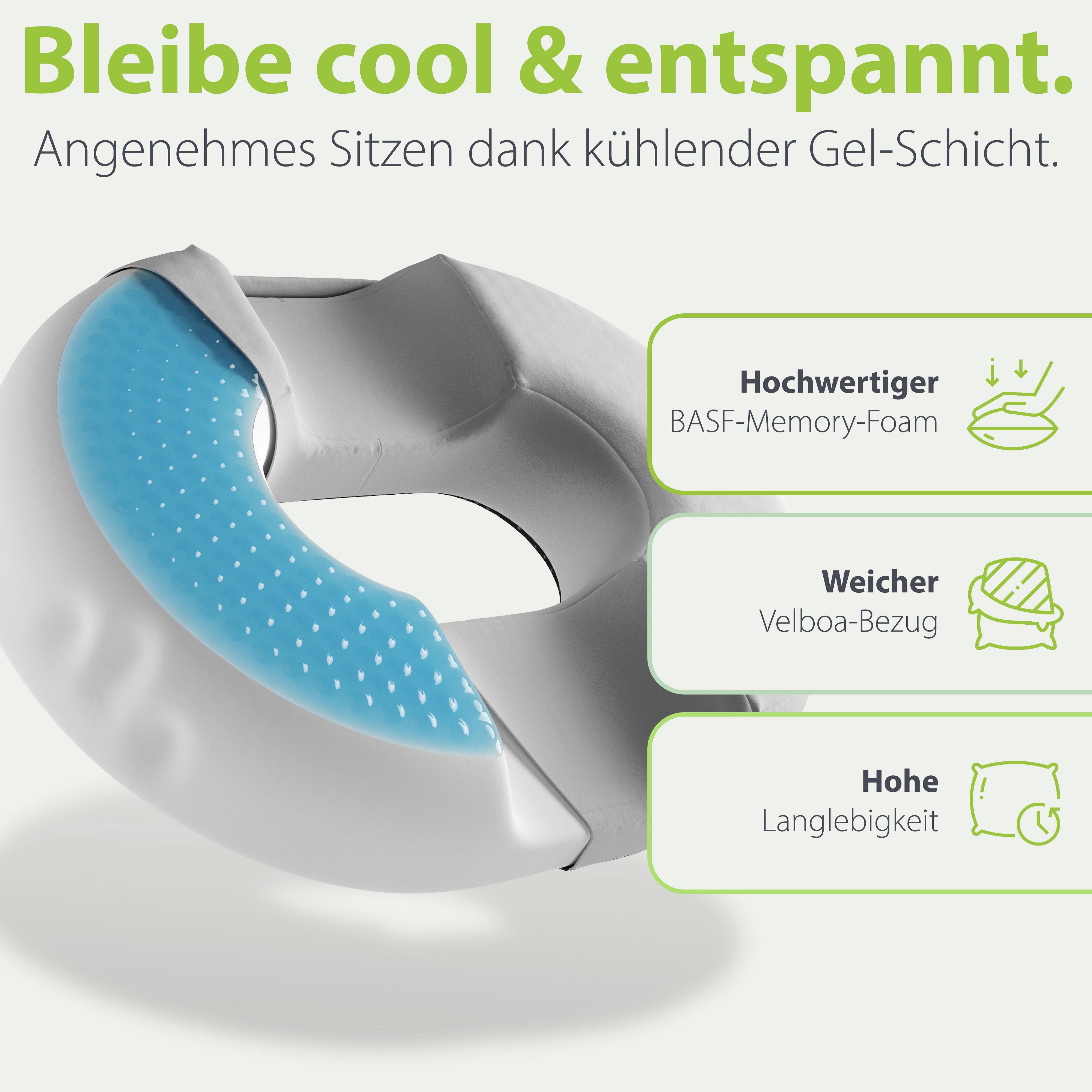 Ergonomisches Ringkissen mit kühlender Gel-Schicht, hochwertigem BASF-Memory-Foam, weichem Velboa-Bezug und der Garantie für Langlebigkeit, präsentiert mit dem Slogan 'Bleibe cool & entspannt.'