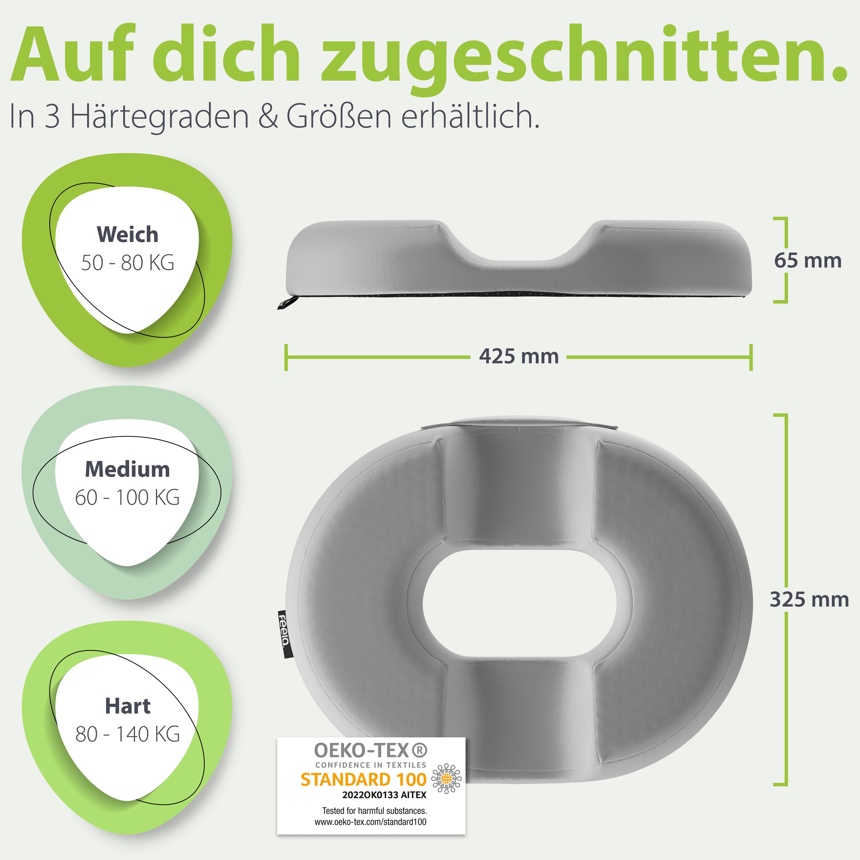 Silbernes, maßgeschneidertes ergonomisches Ringkissen von feela, angeboten in drei Härtegraden für verschiedene Gewichtsklassen, dargestellt mit Maßen und OEKO-TEX® Zertifizierung.