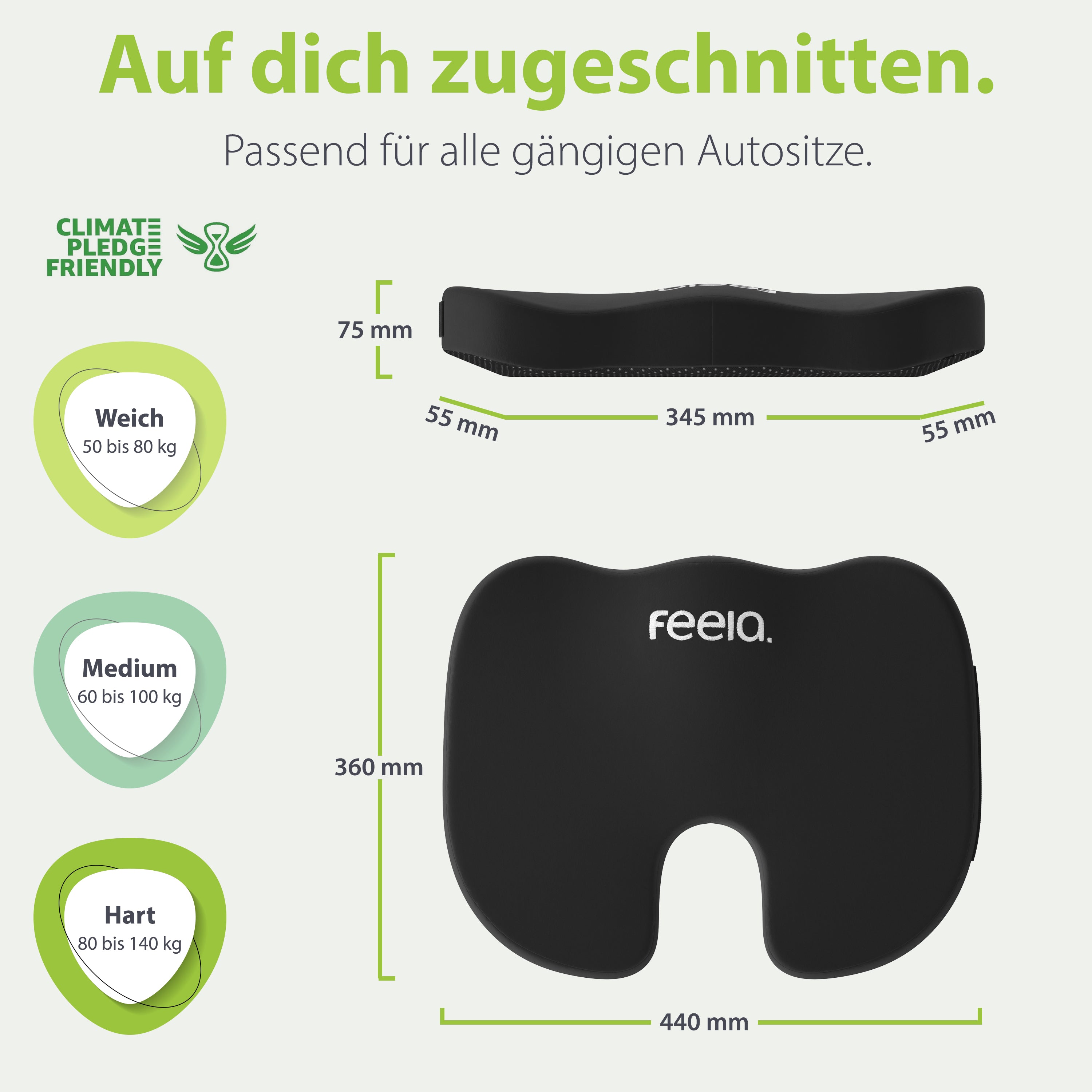 Schwarzes, orthopädisches Auto-Sitzkissen von feela, maßgeschneidert für Autositze, mit Abmessungen und in drei Härtegraden, gekennzeichnet als klimafreundlich.