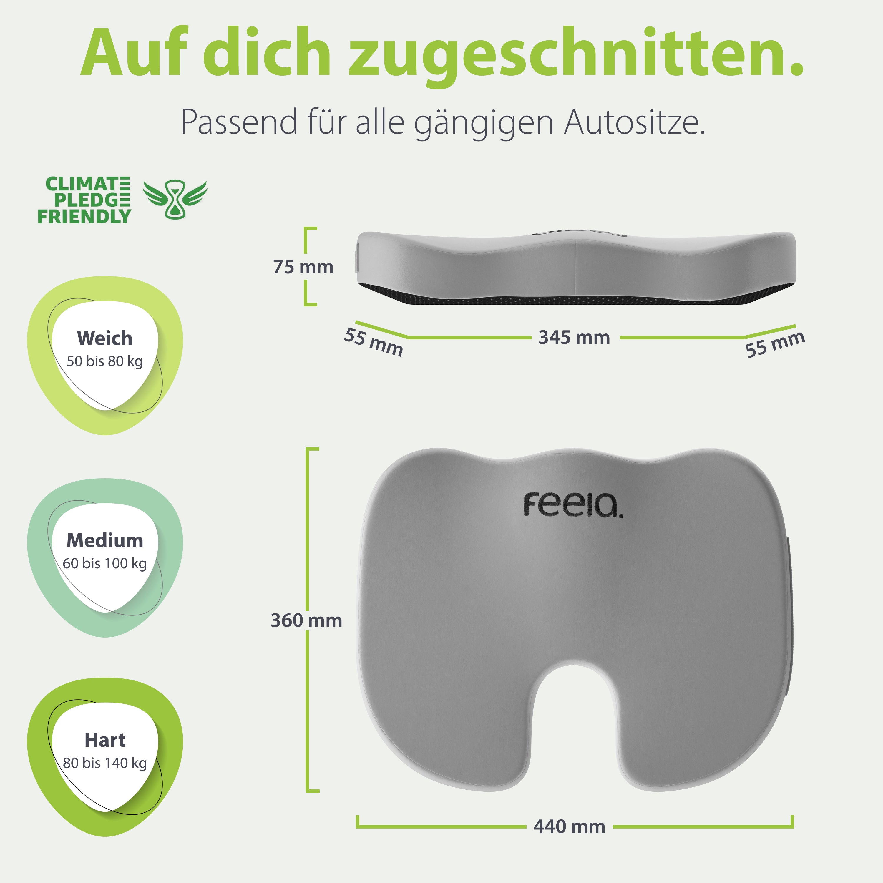 Silber, orthopädisches Auto-Sitzkissen von feela, maßgeschneidert für Autositze, mit Abmessungen und in drei Härtegraden, gekennzeichnet als klimafreundlich.