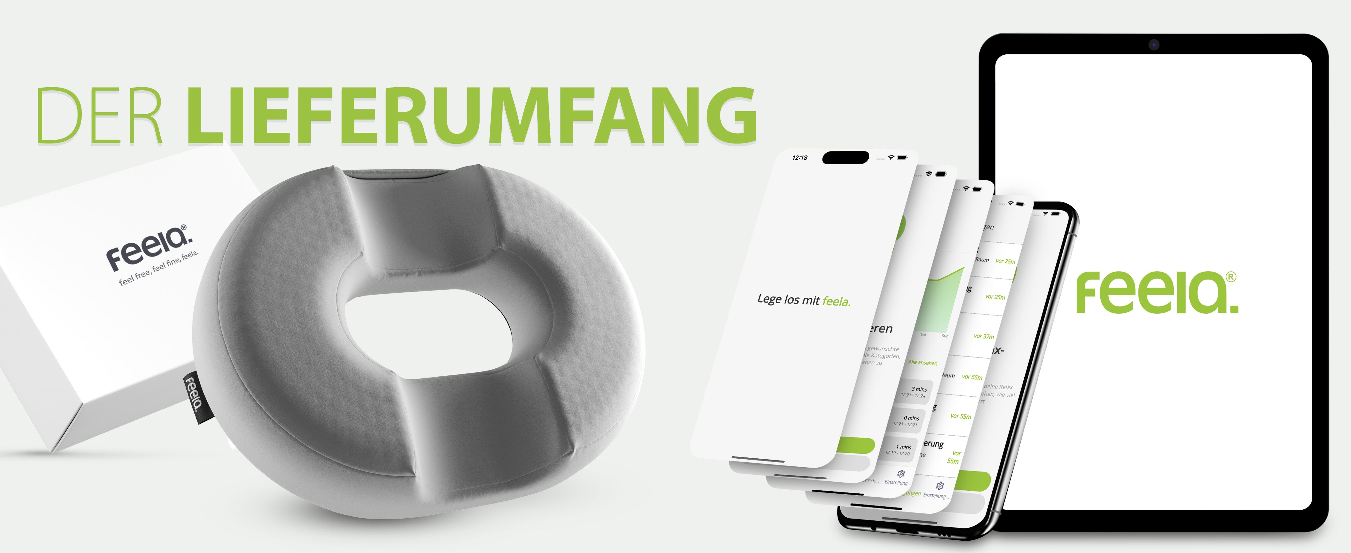 Der Lieferumfang für das orthopädische Ringkissen von feela wird gezeigt, inklusive des silbernen Ringkissens selbst, der Produktverpackung und der Darstellung der feela App auf verschiedenen mobilen Geräten.