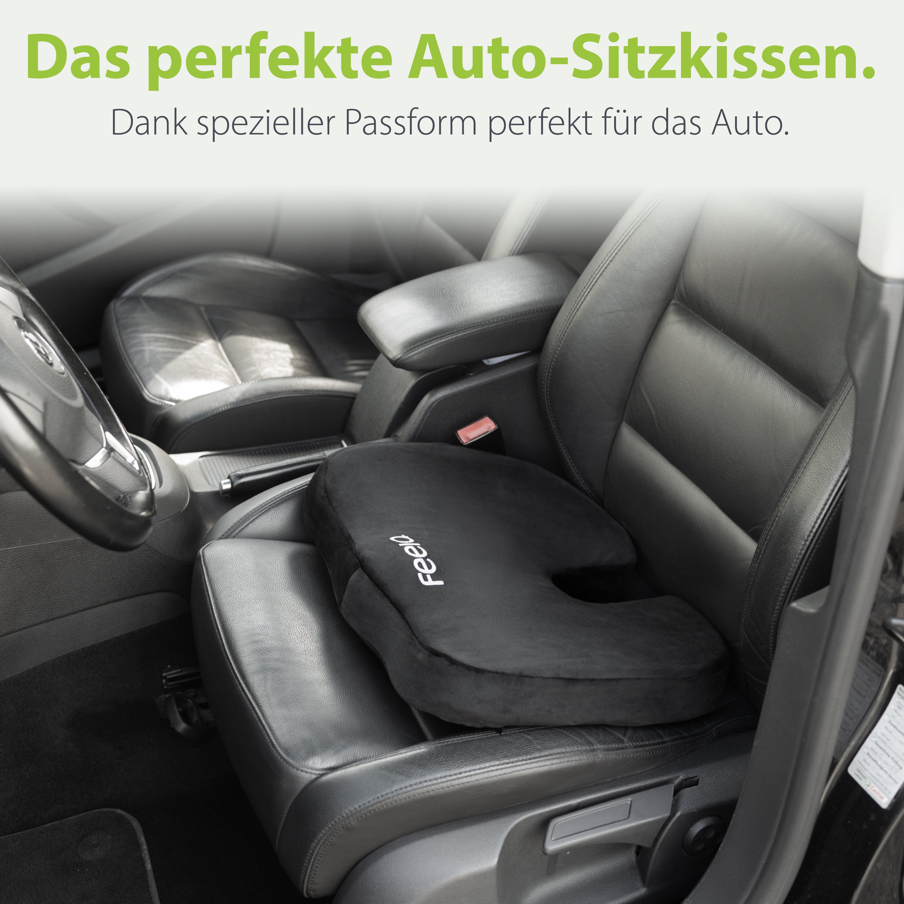 Das ergonomische Auto-Sitzkissen von feela auf dem Fahrersitz eines Autos, entworfen für perfekten Sitz und Komfort mit einer speziellen Passform für das Auto.