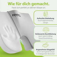 ergonomische Sitzkissen von feela, mit Schwerpunkt auf personalisierter Anpassung an den Körper, Unterstützung einer aufrechten Sitzhaltung, verbesserter Durchblutung durch Gewichtsverteilung und angenehmem Sitzgefühl.